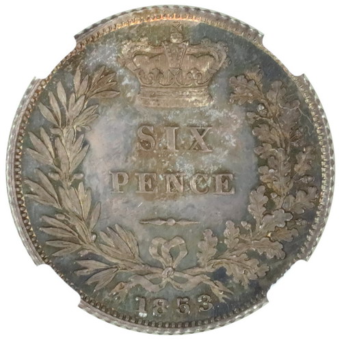 イギリス1853年銘 プルーフ6ペンス銀貨Sixpence ヴィクトリア Victoria ヤングヘッド トーン ESC R2指定レア NGC  PF64【アンティークコイン・金貨・銀貨の販売・買取 ルナコイン】